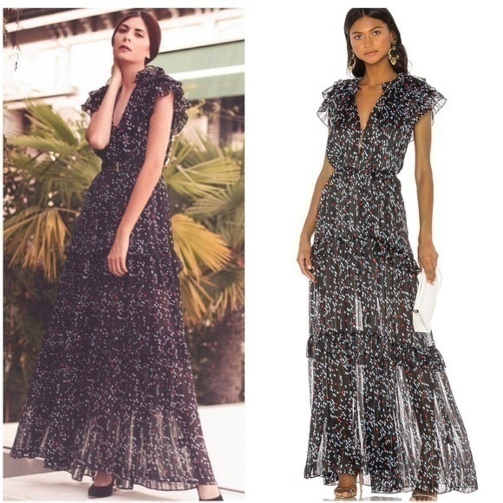 New Sabina Musayev Gwen Maxi Dress Dotted Black Ruffle Tiered Belted Gown XS